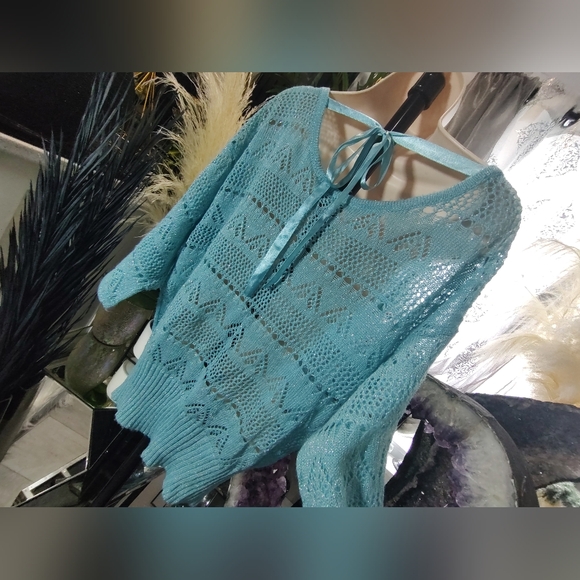 New Directions Baby Blue Mesh Knit Banded Sweater LG - Picture 1 of 7